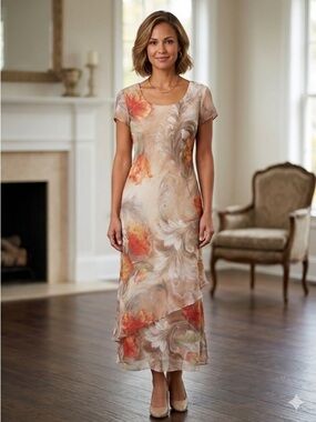 Cartise Floral Chiffon Layered Midi/Maxi Dress | Made in Canada | Size 10/12